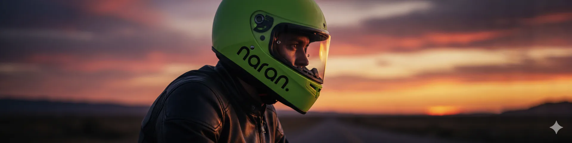 Working rider wearing a green Naran helmet at sunset